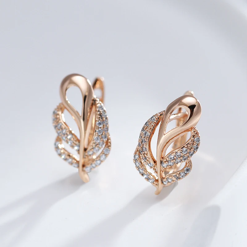 Wbmqda Fashion Plume Shape Drop Earrings For Women 585 Rose Gold Color With White Natural Zircon Elegant Daily Matching Jewelry