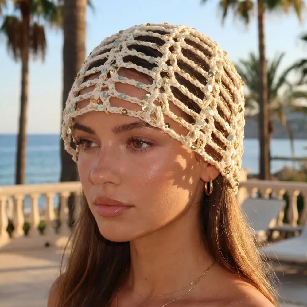 Elegant Hollowed Out Knitted Hat Solid Color Ethnic Style Crochet Sequined Hat Korean Thin Bohemian Style Beanies Pullover Hat