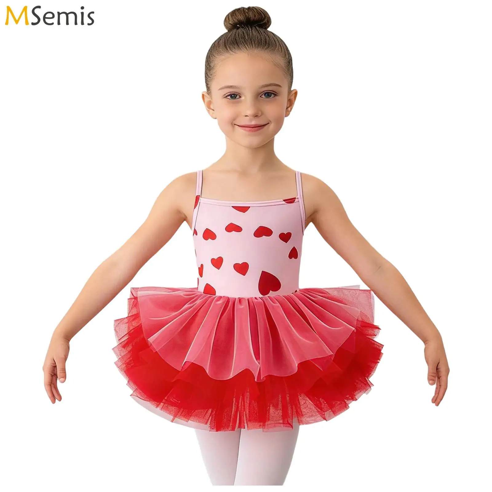 

Kids Girls Printed Bodice Layered Tulle Dress with Built-in Briefs Ballet Leotard Dance Costume Spaghetti-strap Heart Leaf Dress