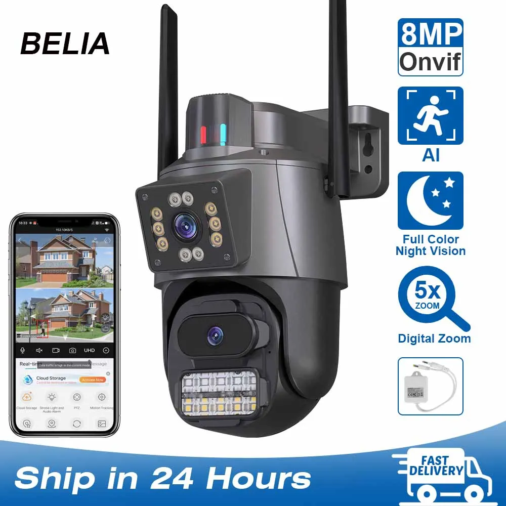 BELIA 4K 8MP WiFi Surveillance Camera, Dual Lens, 4X Digital Zoom, AI Human Detect, ONVIF, Outdoor Security PTZ IP Cameras