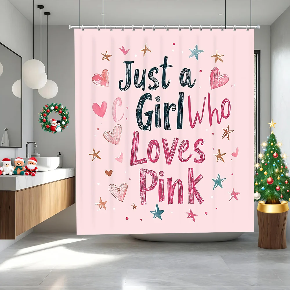 Just A Girl Who Loves Pink Shower Curtain, Cute Heart Star Pattern Waterproof Bath Curtain, Girly Bathroom Decor