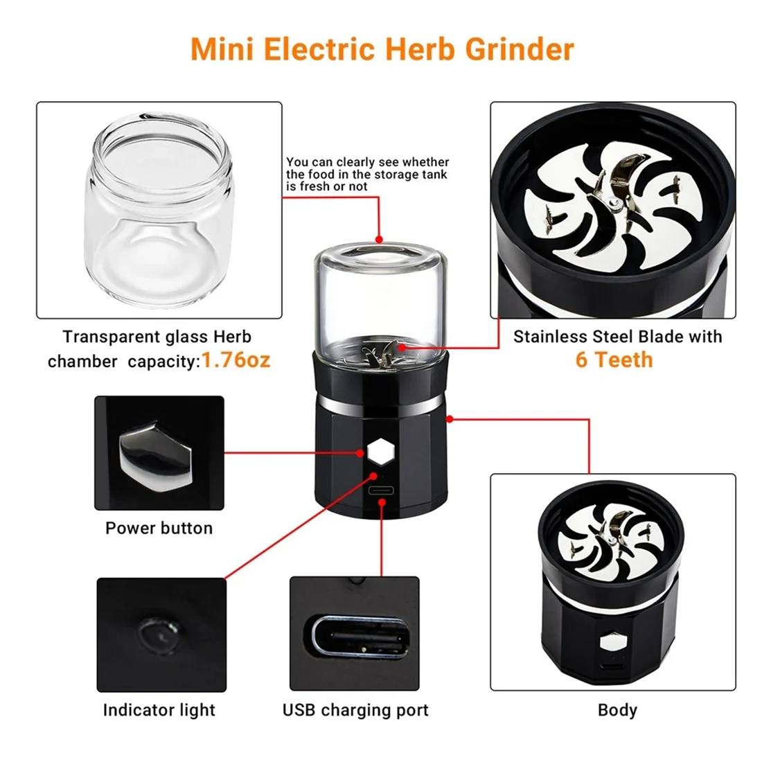 Mini Electric Grinder Portable Vanilla Grinder USB Rechargeable Mill with a Cleaning Brush for Tea Rosemary