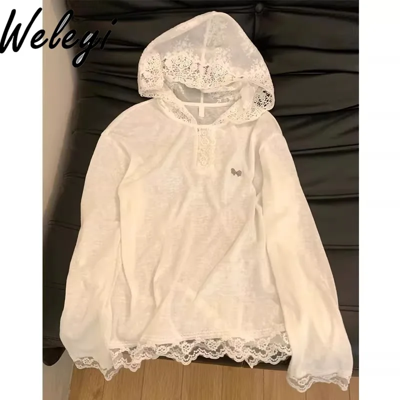 

Korean Fashion Kawaii T-shirts Autumn New in Hottie Pure Lace Hooded Long Sleeved Camisetas Women's Loose Sunscreen Blouse Tops