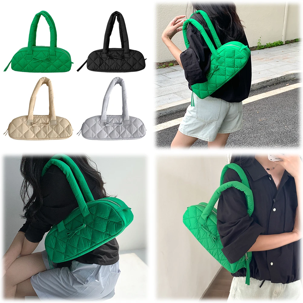 

Женская сумка, стеганая нейлоновая сумка для подмышек, сумка-хобо с бантом и внутренними карманами, сумка-пуховик для покупок, работы, путешествий