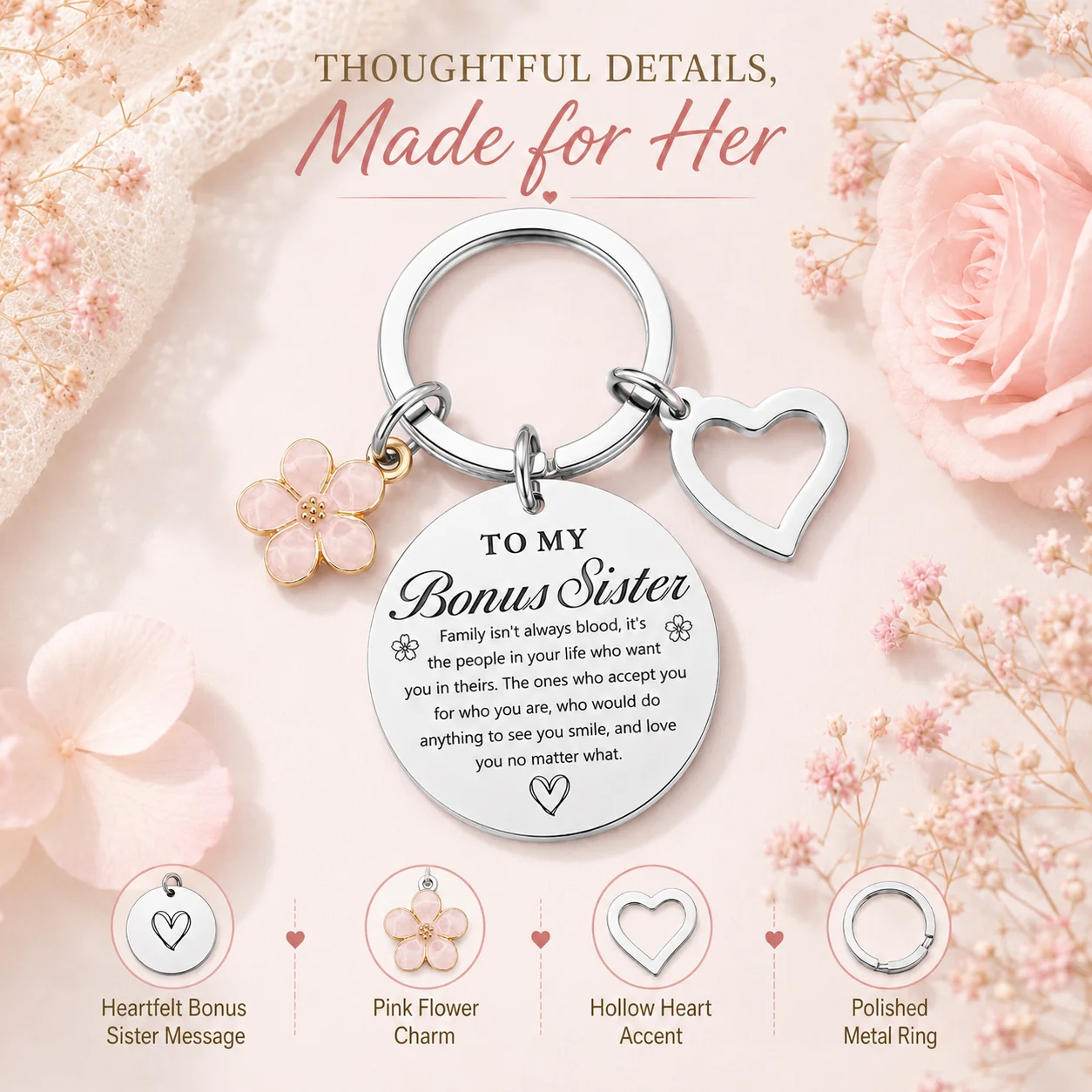 Bonus Sister Keychain, Flower Heart Charm Key Ring, Holiday Gift for Birthday Christmas, Sentimental Present for Best Friend Wom