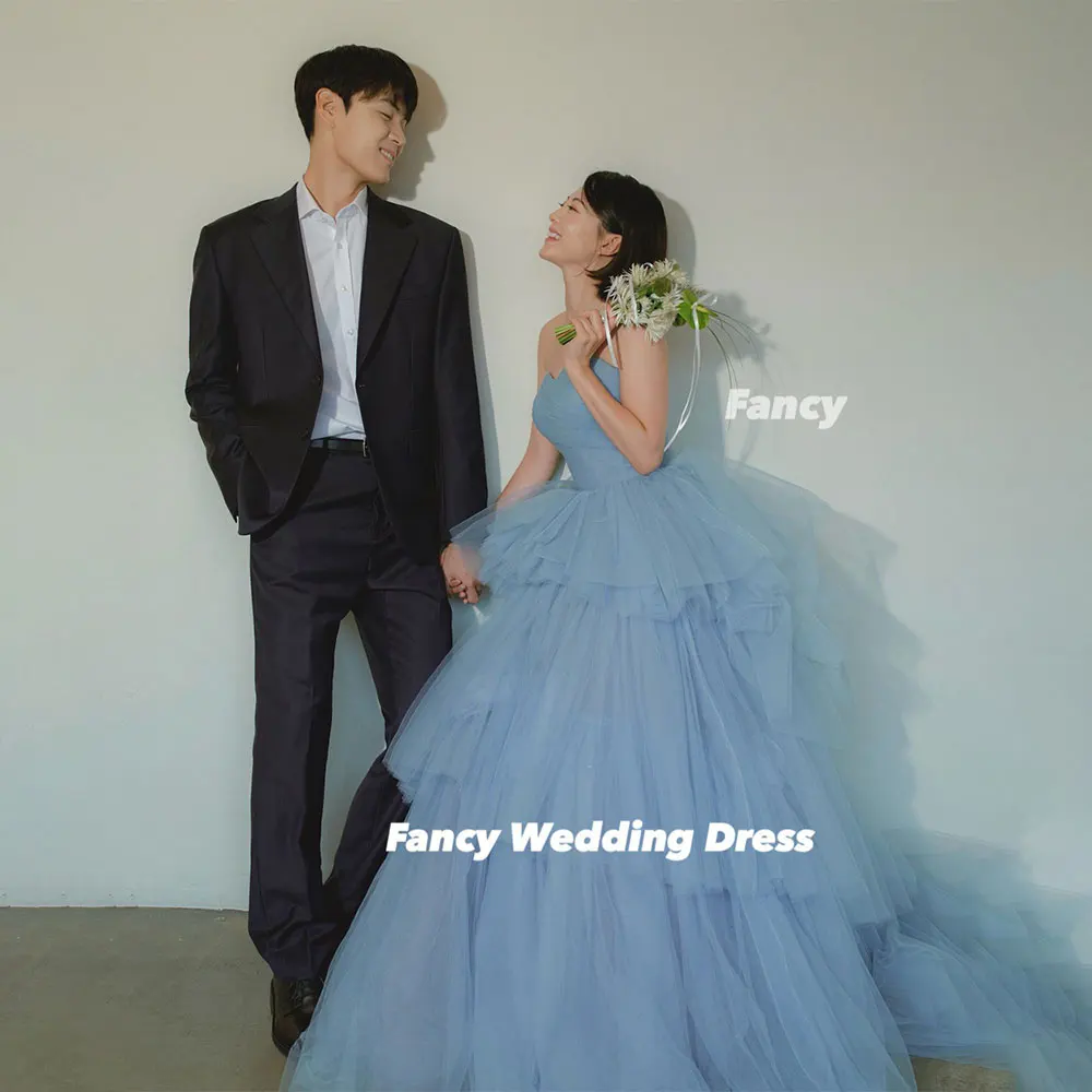 Fancy Princess Blue Sweetheart Wedding Dress A Line Soft Tulle Bridal Gown Floor Length Back Corset Customized