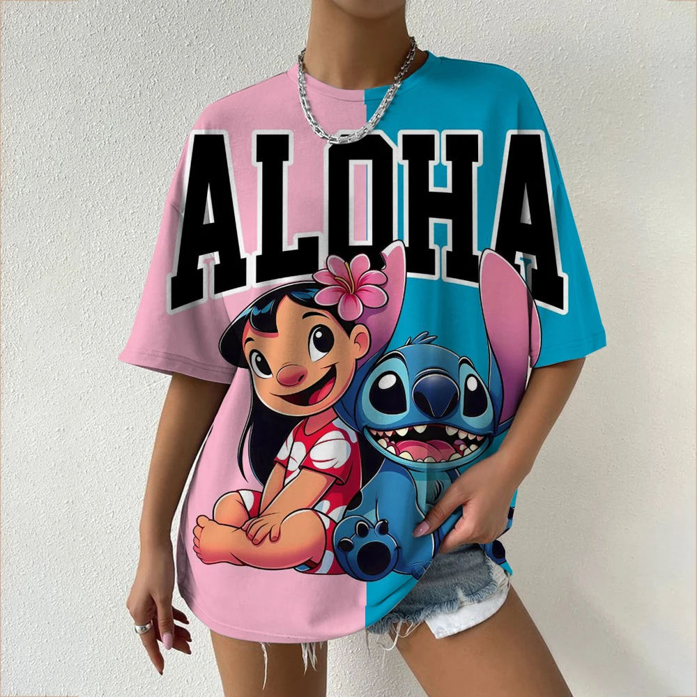 Disney Lilo en Stitch T-shirts voor dames Zomer Casual T-shirt met kleurblokken Leuke cartoonkarakterpatroon Oversized top
