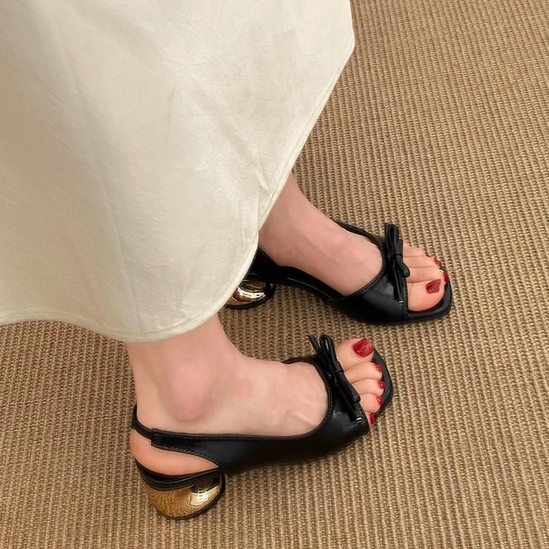 Fashion high-heeled shoes, summer bow-front open-toe chunky heel sandals, large size paired with skirts for casual women's shoes view 5