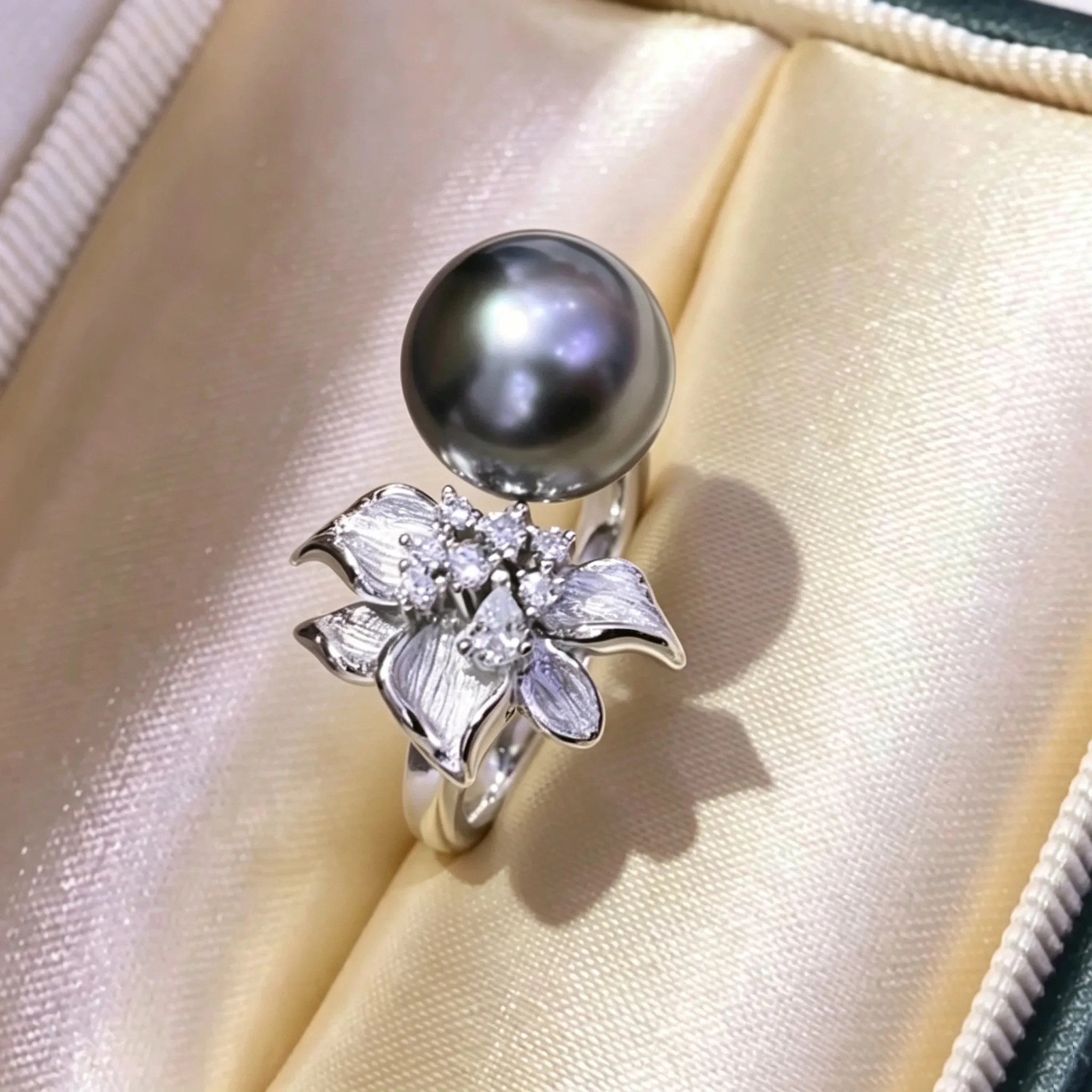 Gorgeous AAAAA9-10mm Natural Black Pearl Inlaid Iris Blossom Open Ring 925s