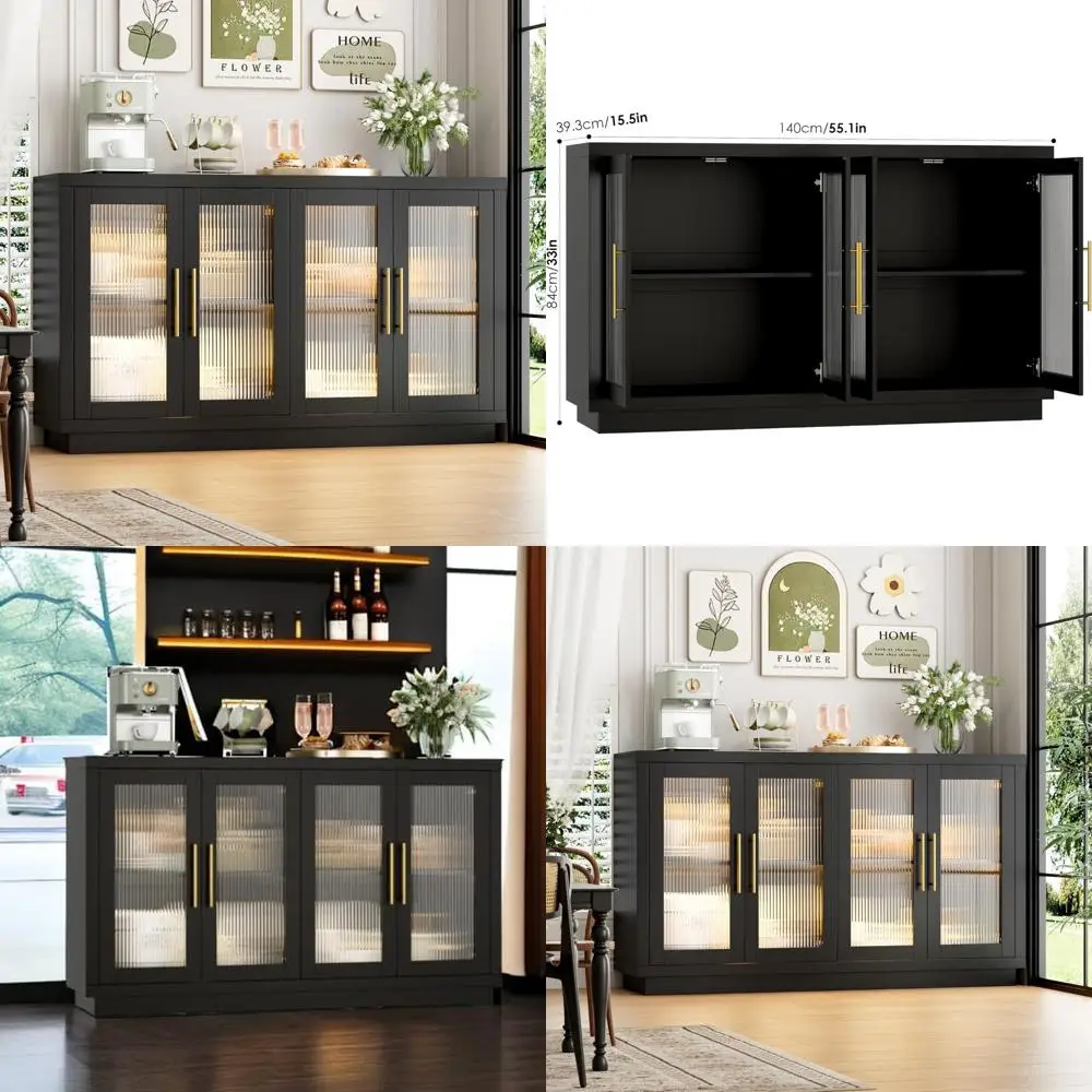 Large 55.1 Sideboard Buffet Table with 4 Fluted Glass Doors and Storage for Modern Kitchen