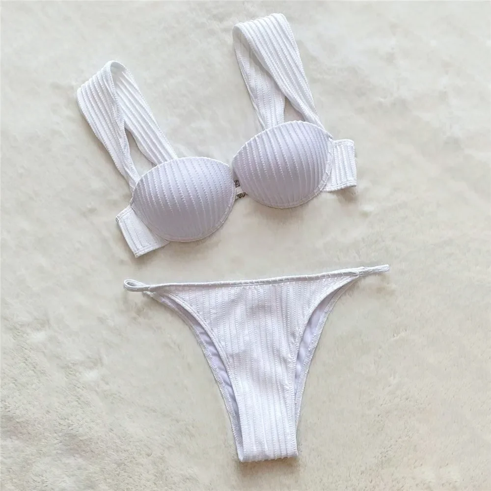 Microbikini blanco con Tanga para mujer, traje de baño Sexy con realce, traje de baño con aros, ropa de baño, conjuntos de Bikinis brasileños 2025