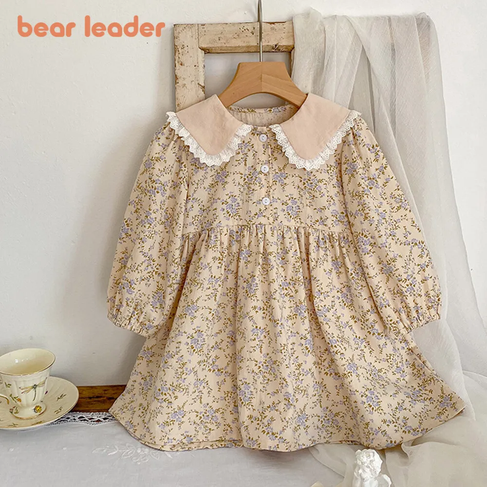 Bear Leader Girls Flower Dress Girls Autumn Clothing Fashion 2023 Lace Turn-down Floral Princess Dress Kids Casual Fall Clothes