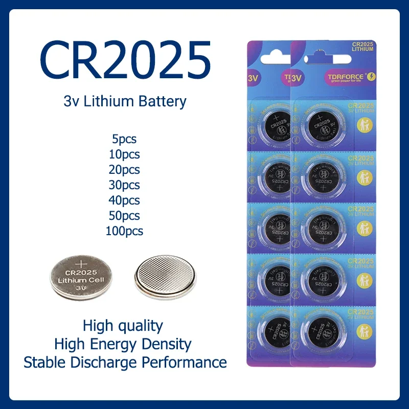 

5PCS TDRFORCE CR2025 battery 3V lithium button battery CR2025 Coin battery Watch Car remote computer