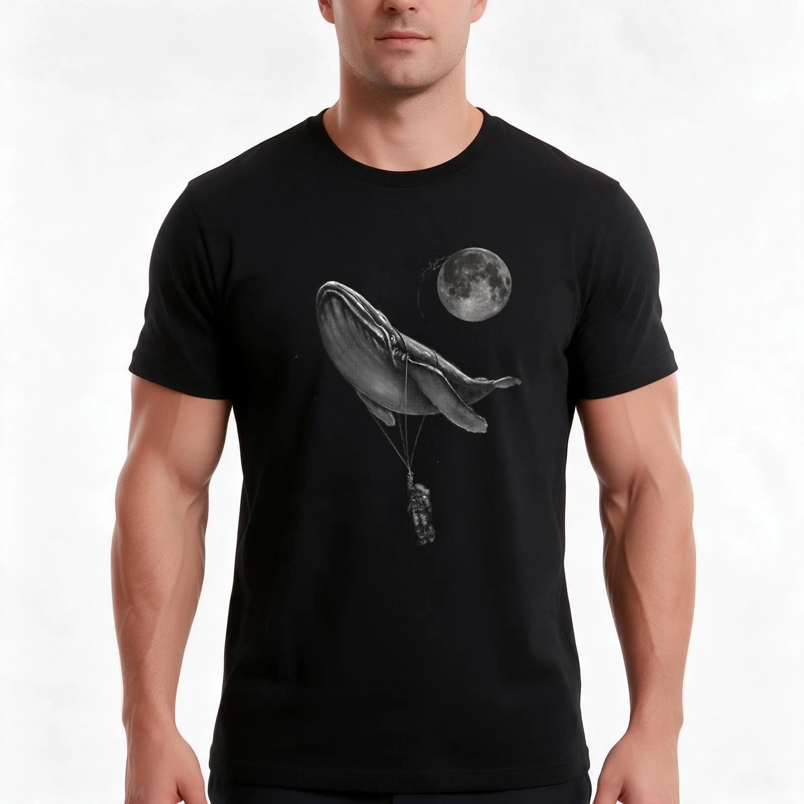 Astronaut hanging to a whale, Riding throw the space T-Shirt, Summer Casual Cotton Tee, Oversized Streetwear Tops, 100% Cotton
