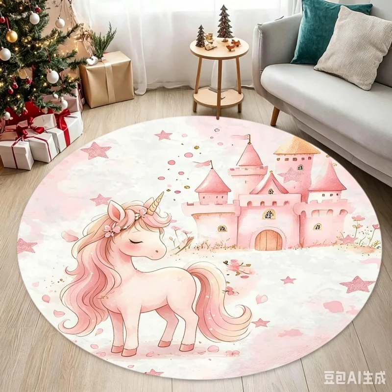 Newest 2D Round Carpet Pink Unicorn Castle Star Watercolor Round Rug Non Slip Bedroom Play Carpet