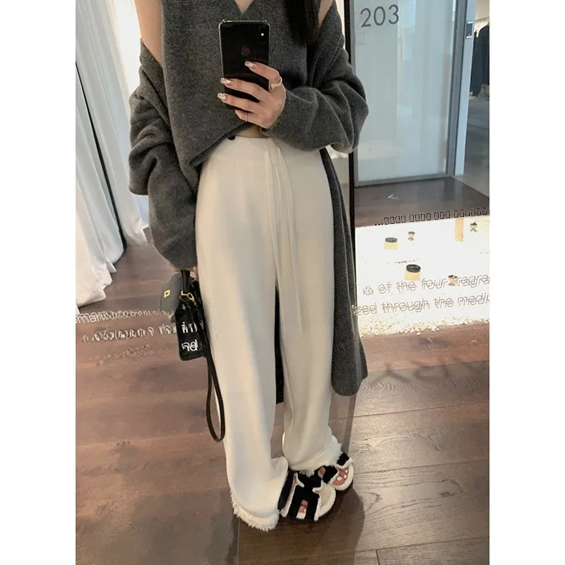 

High Waist Knitted Wide Leg Pants Women's Loose Casual Straight Cut Floor Length Trousers Autumn Winter Design Sensation