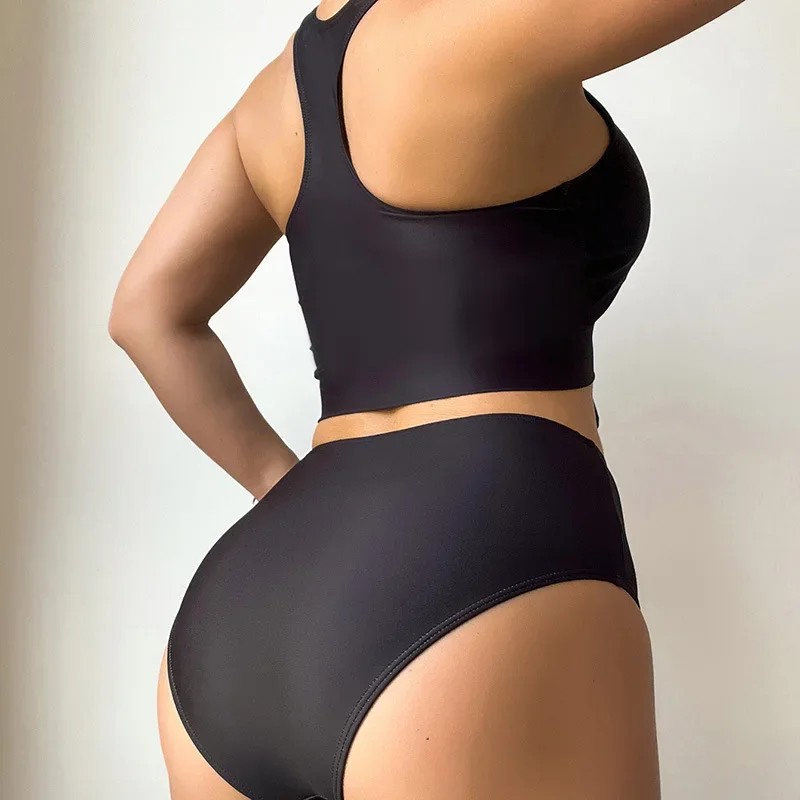 Tankini negro de 2 piezas para mujer, bañador de cintura alta con estampado de playa, conjunto de Bikini conservador, traje de baño ahuecado con cordones para vacaciones, 2024