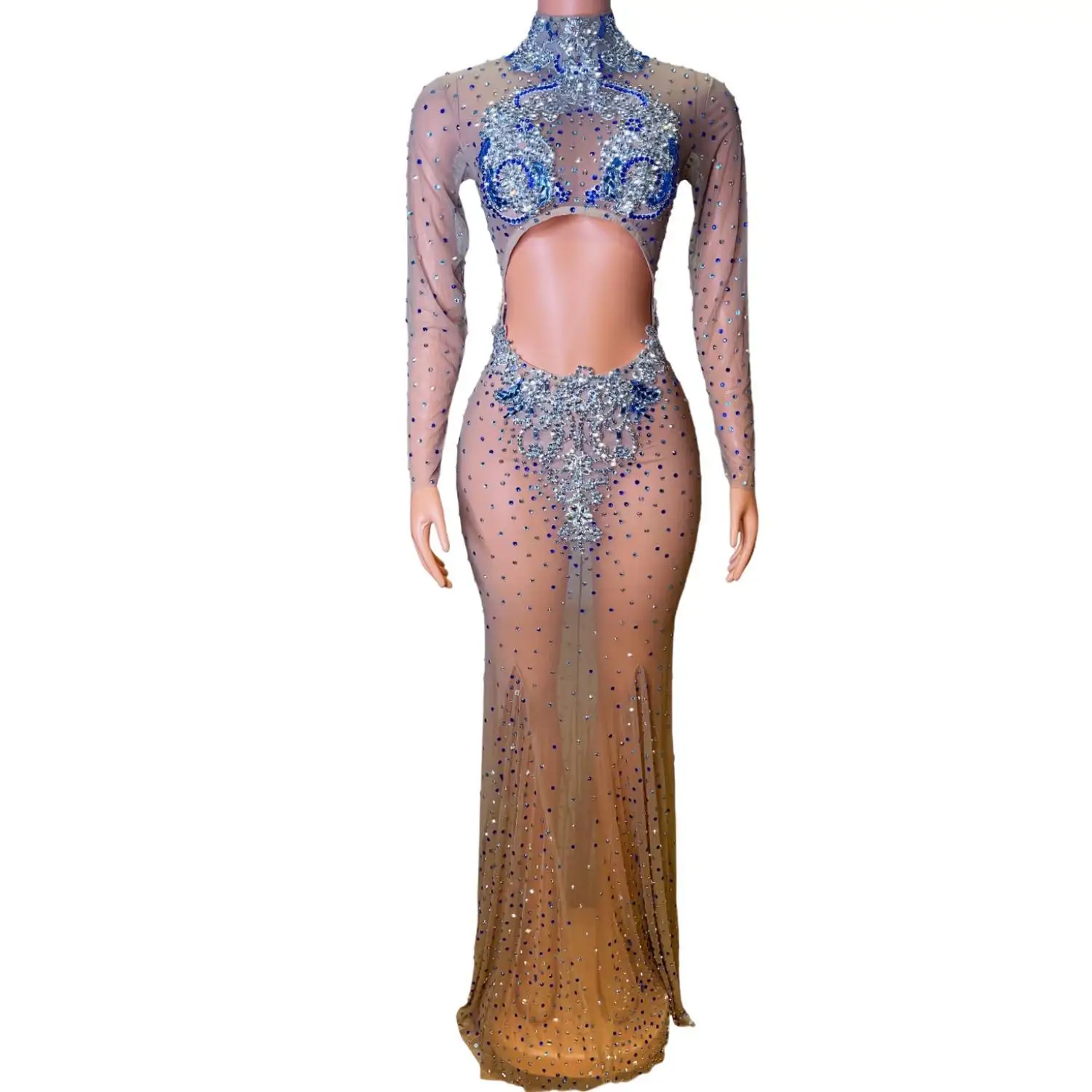 

Candian Womens Luxury Blue Rhinestone Sheer Mesh Maxi Dress High Neck Long Sleeve Cutout Bodycon Formal Evening Party Prom Gown