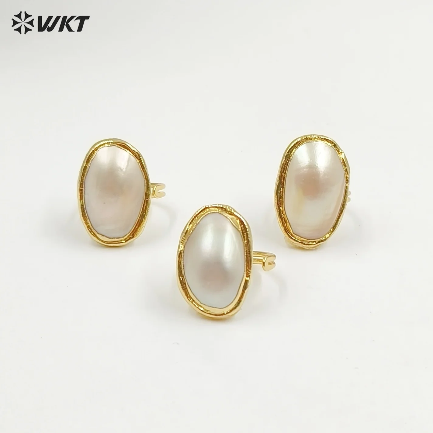 WT-MPR112 WKT Amazing Fashion Pink And White Natural Mabe Shell Ring In Oval Shape Can Be Adjustable 10PCS