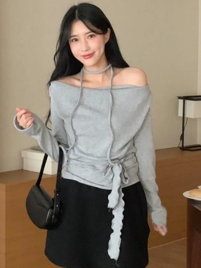 Cseta E de Primavera Antienvejecimiento de Un Solo Hombro y Manga Larga, Estilo Informal para Mujer, con Cordón Aju...