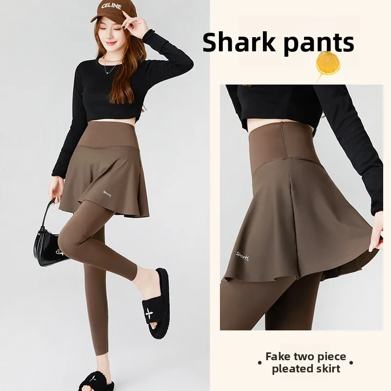 

High Waist Yoga arkskin Pants Women's Outerwear Skirt Pants Slimming Any Cut Capri Length Nylon Fabric Folded Hemline