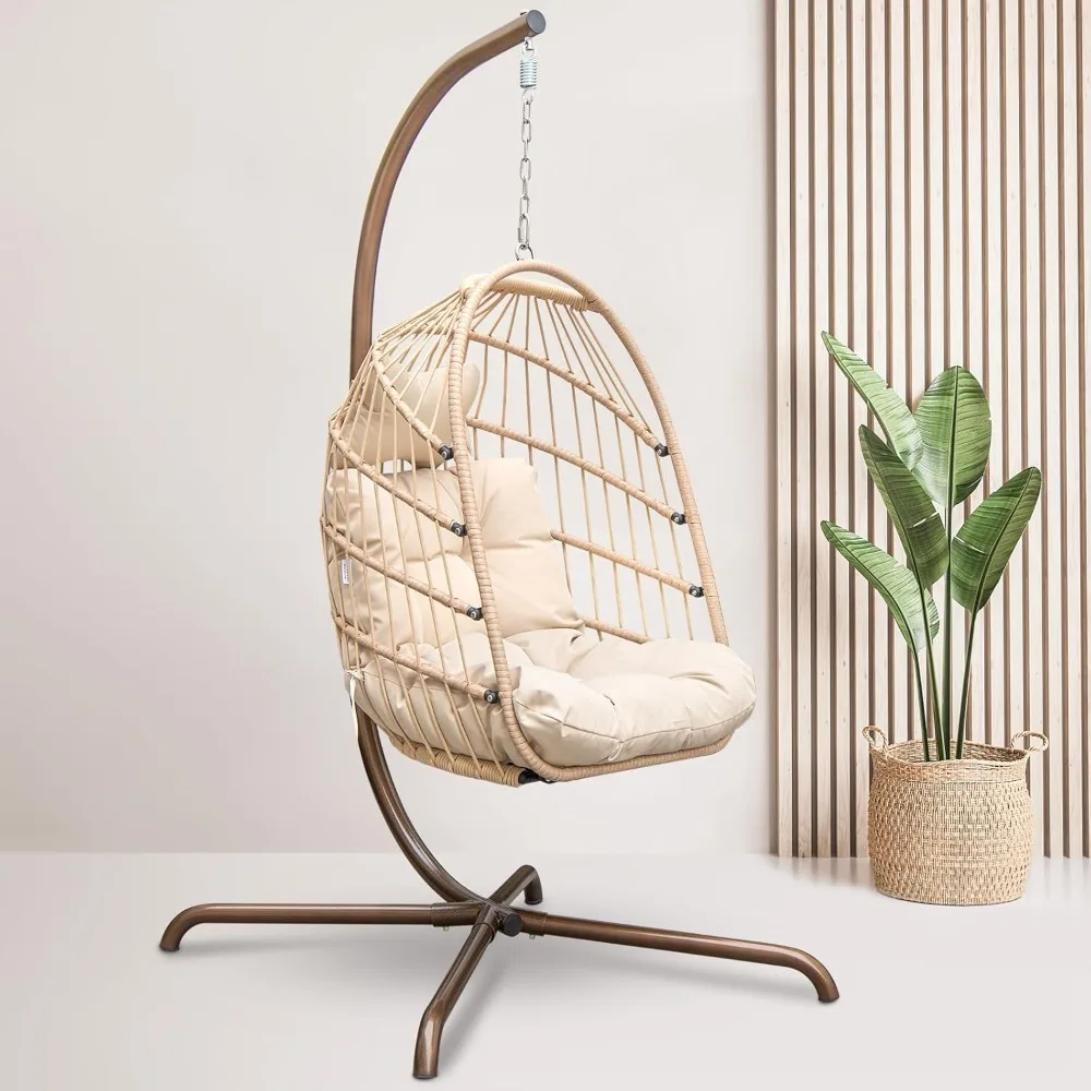 RADIARA-Dobrável Wicker Rattan Pendurado Egg Cadeira com Suporte, Cadeira Swing com Almofada e Travesseiro, Cadeira Lounging para Interior