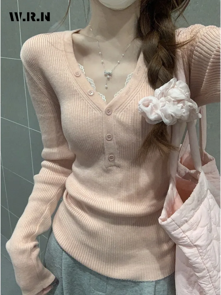 

2025 Winter Women Sexy Lace Patchwork Jumpers Sweet Knitting Long Sleeve Casual Y2K Pullovers V-Neck Ladies Pink Sweater