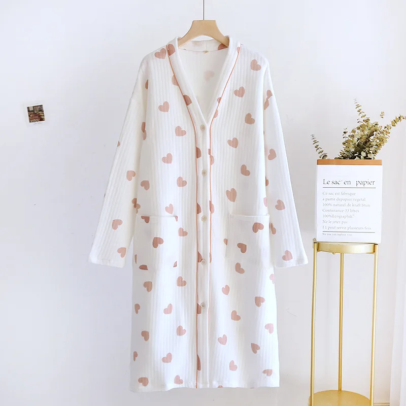 Autumn And Winter Air Layer V-neck Cardigan Pajama Dress With Cotton Clip Women's Large Size Long Pure Nightgown Casual Home Wea