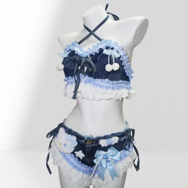 

HelloKitty Y2k женские сексуальные ковбойские кружевные шорты в стиле панк для девочек, милые ковбойские шорты с низкой талией и хвостом, подвесной комплект с тонким плечевым ремнем