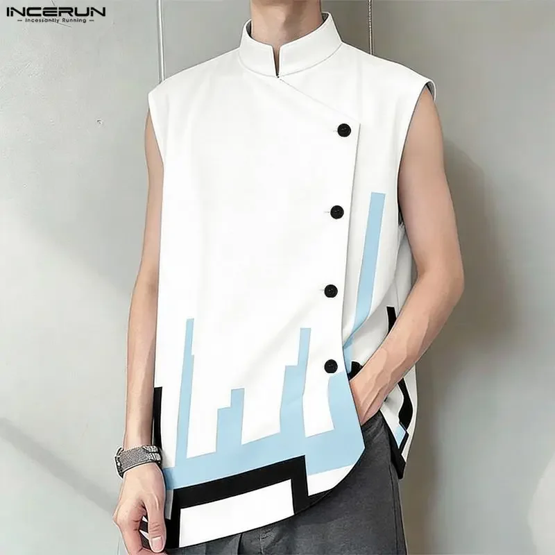 

INCERUN Men Shirt Printing Stand Collar Sleeveless Casual Irregular Tops Streetwear Loose 2026 Fashion Casual Men Clothes S-5XL