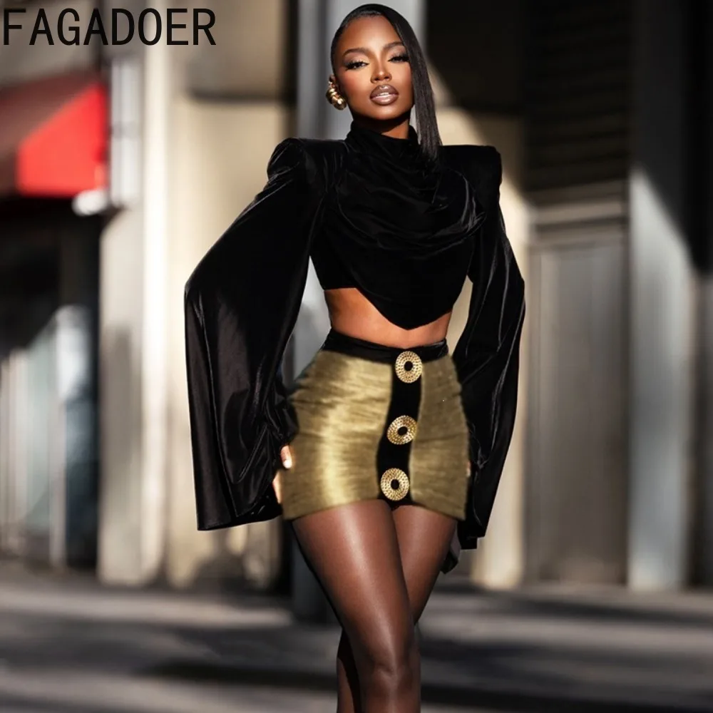 FAGADOER Women Retro 2 Piece Outfit Mock Neck Bell Sleeve Crop Top High Waist Metallic Mini Skirt Elegant Party Clubwear Set