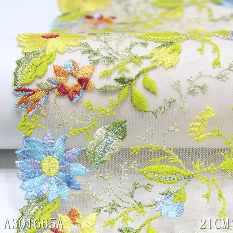 1 Yard 21cm wide Yellow Soft Mesh Embroidery Lace Trimmings Dress Accessories Lace Fabric Sewing Crafts Doll Material