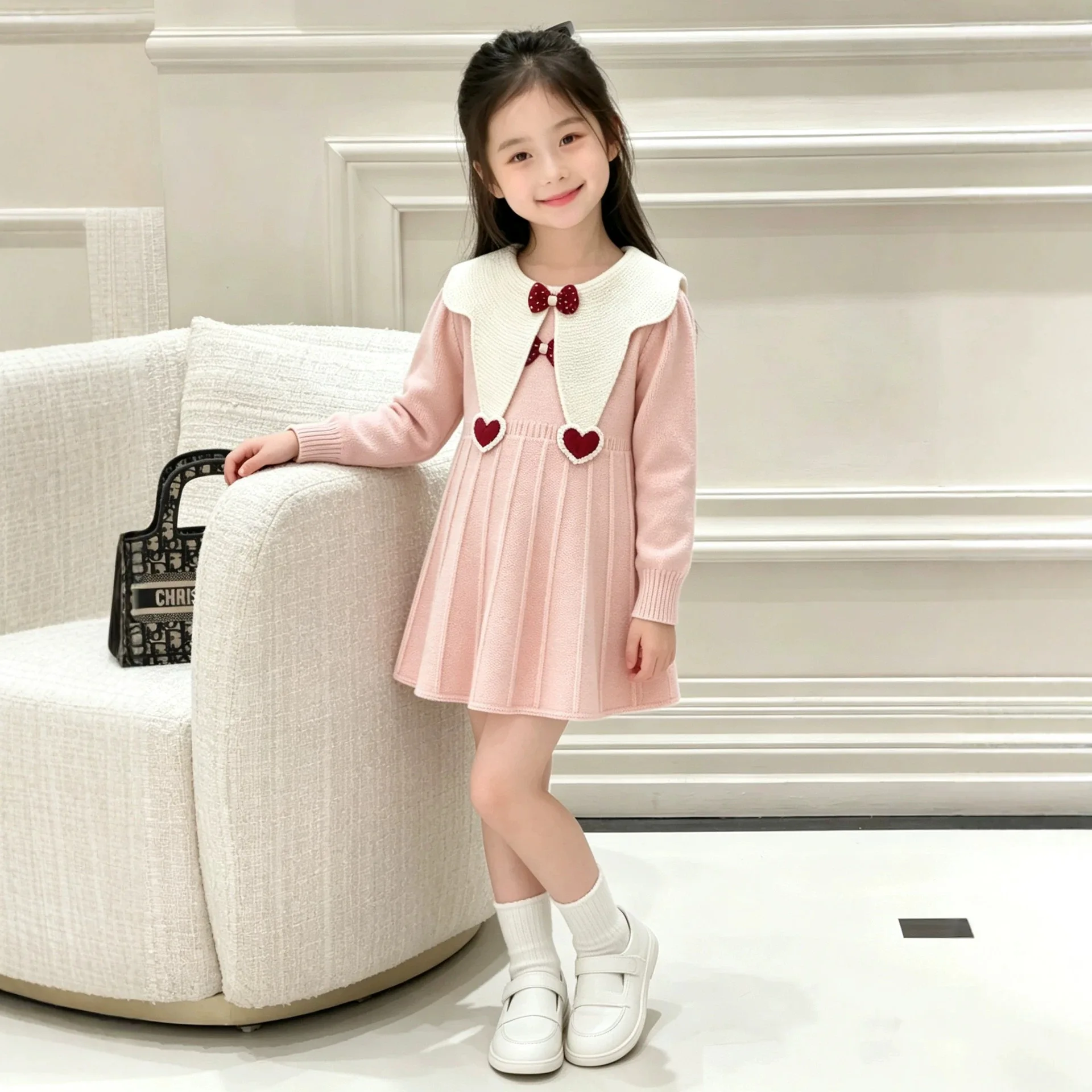 Girls Sweater Dress 2026 Autumn and Winter New Style College Style Star Collar Pleated Skirt Girl Treasure Princess Skirt