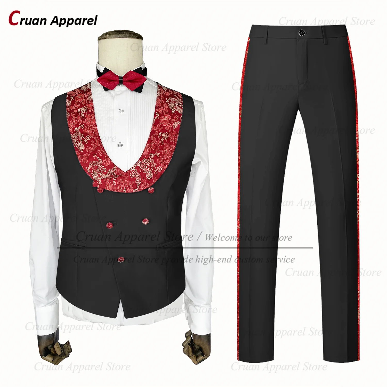 

Classic Black Suit Set For Men Formal Party Custom Fashion Jacquard Lapel Vest Pants Two Pieces Wedding Grooms Slim Fit Costumes