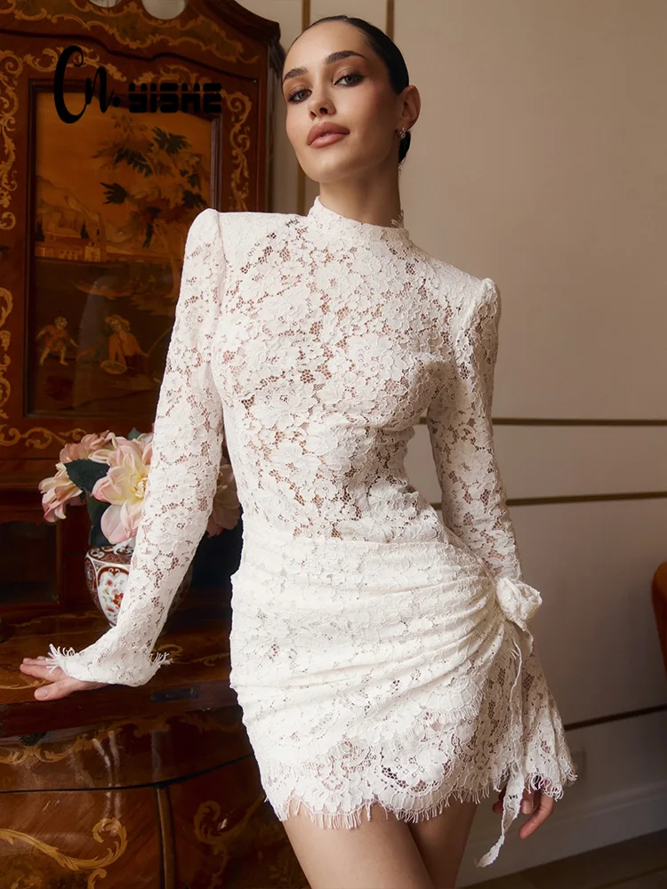 CNYISHE Sheer Long Sleeve O Neck Lace Solid Hip Wrap Women Dresses Elegant Outfits Sheath Trendy Party Female Bodycon Chic