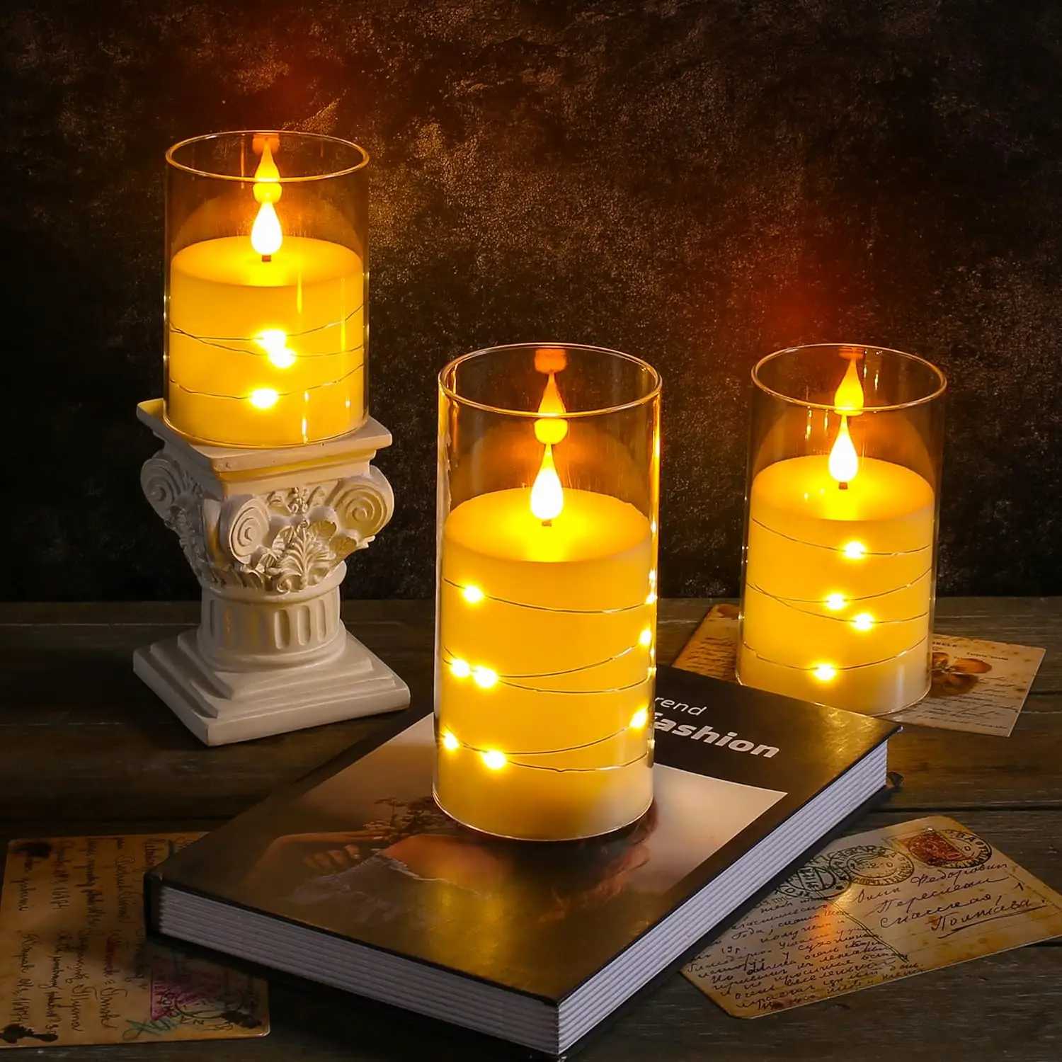 3PCS Flickering Flameless Candles with Remote Acrylic LED Candles with Embedded Star String Battery Operated Candle for Home