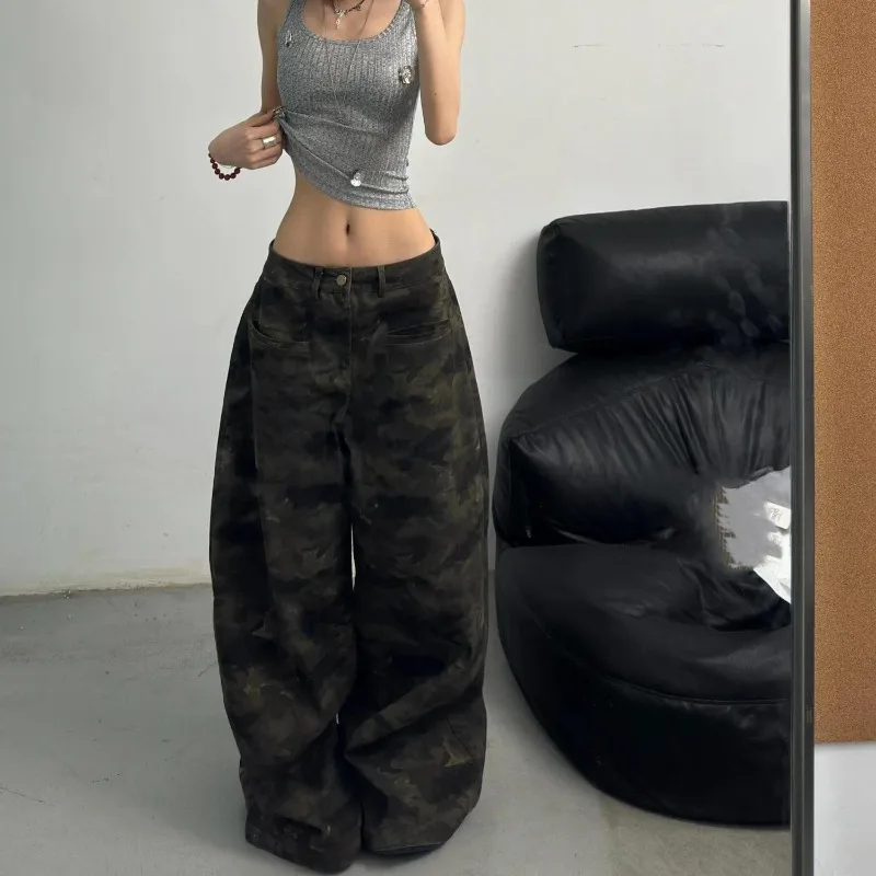 

Deeptown Y2k Vintage Camouflage Women Cargo Jeans Oversized Wide Leg Straight Denim Pants American Style Hip Hop Trousers Autumn