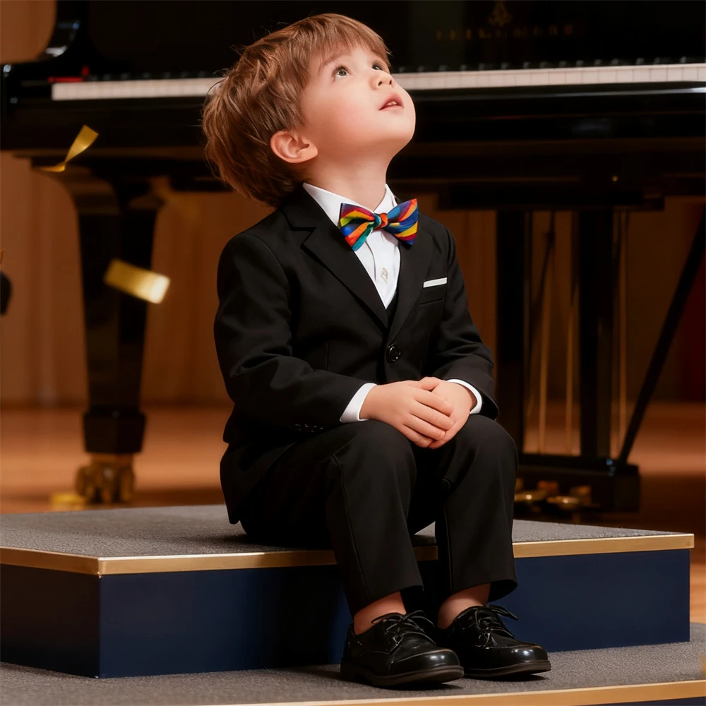

Boys'4-Piece Suits Regular Fit Tuxedo Formal Slim Fit Boys Suit Set Adjustable Waist Piano Suits Jacket Pants Vest Bowtie