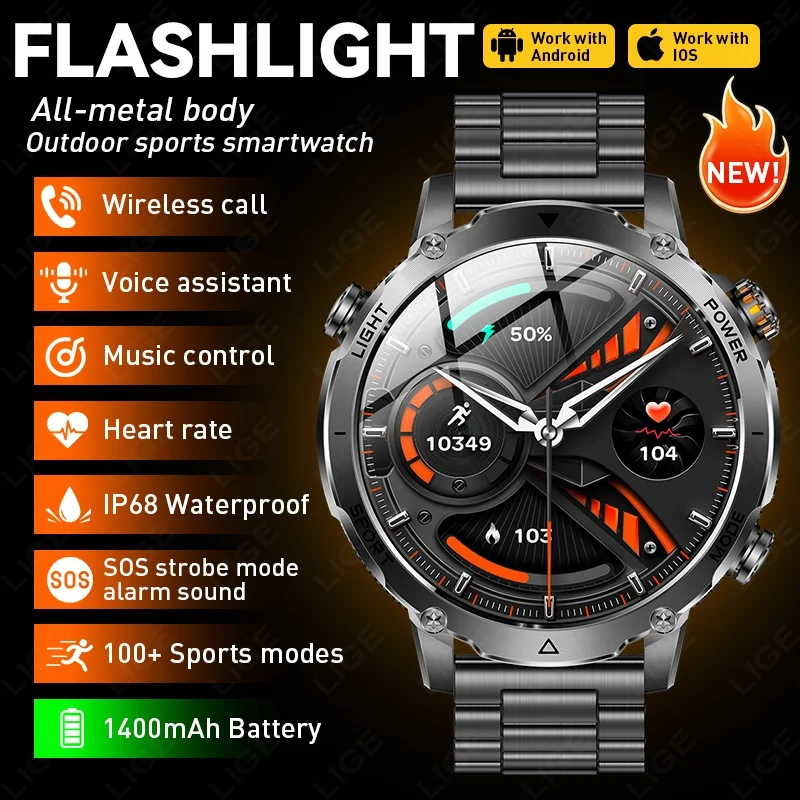 

LIGE Outdoor Militray 1400mAh Battery Sports Smart Watches Flashlight & SOS Red Light Bluetooth Call Smartwatch For Android ios