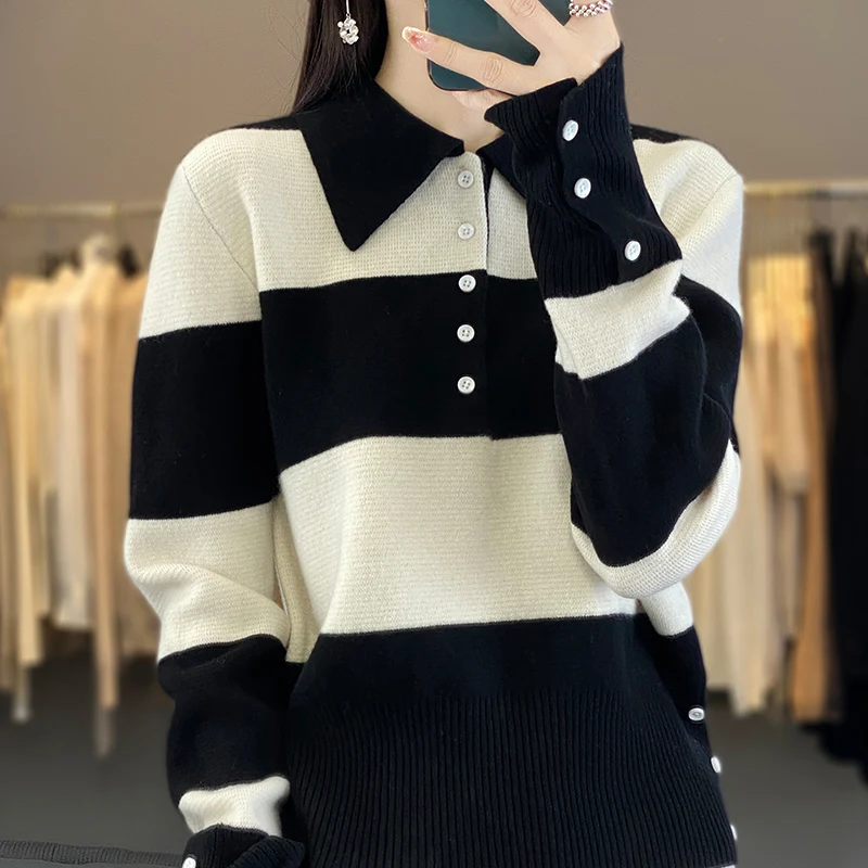 100% merino sweater women's POLO neck pullover Korean fashion striped loose knit sweater autumn and winter new thick top.