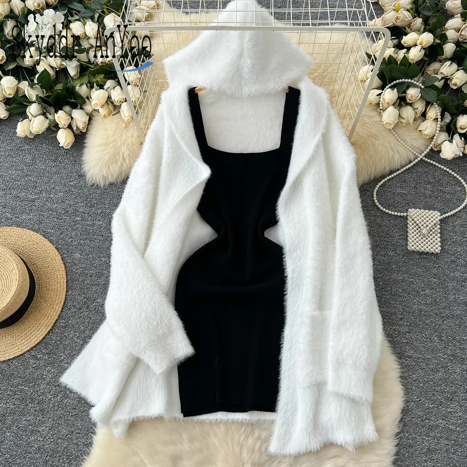 Autumn Winter Women Knitted Two Piece Sets Long Sleeve White Hooded Sweater Cardigan Coat+Black Bodycon Dress Suits