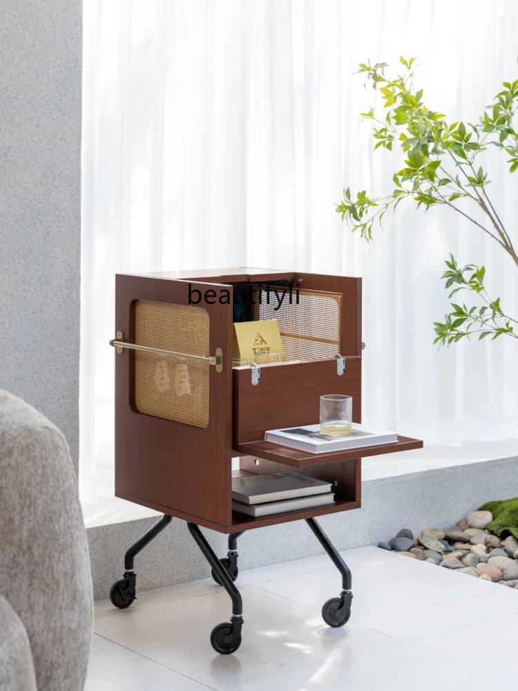 Cabinet with Trolley Coffee Table Side Table Mobile Side Cabinet Rattan Vintage Guest Restaurant Storage