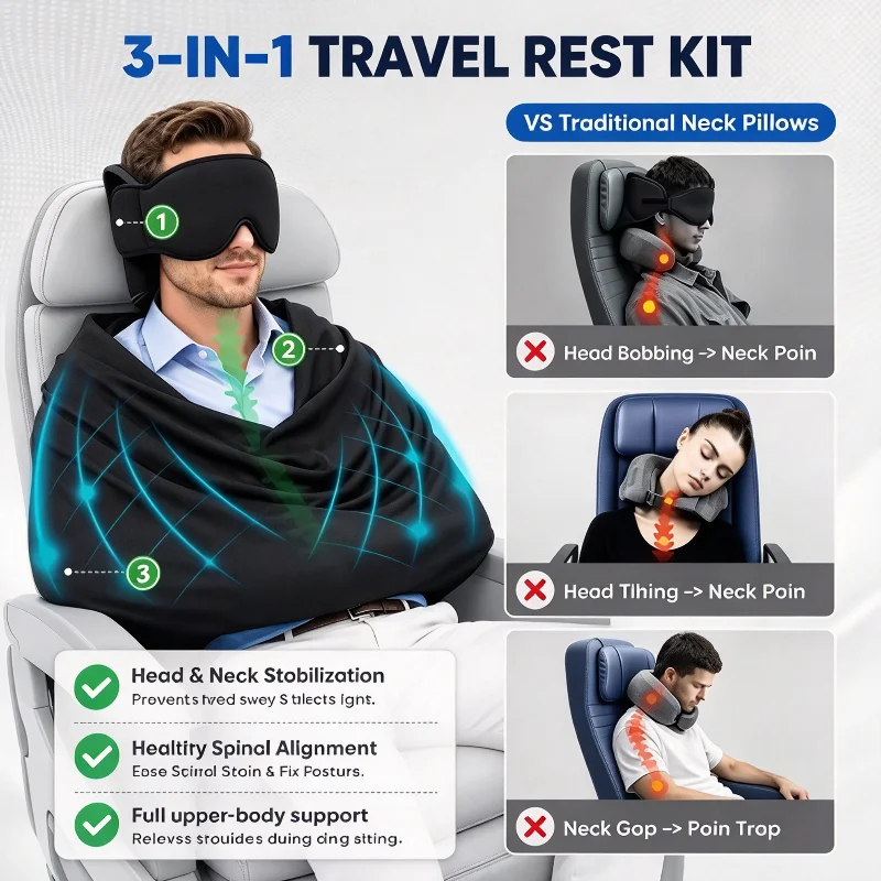 3-in-1 Travel Sleeping Mask Pillows Inflatable Travel Air Cushion Portable Comfortable Flight Airplane Office Rest Gift Relaxing