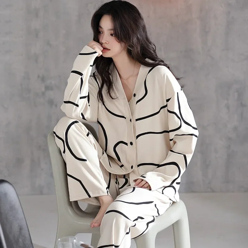 

New Ladies Pajamas Homewear Suit Female Cardigan Spring and Autumn Pajama Sets Long-Sleeved Cute Girl Models Ins Casual Homewear