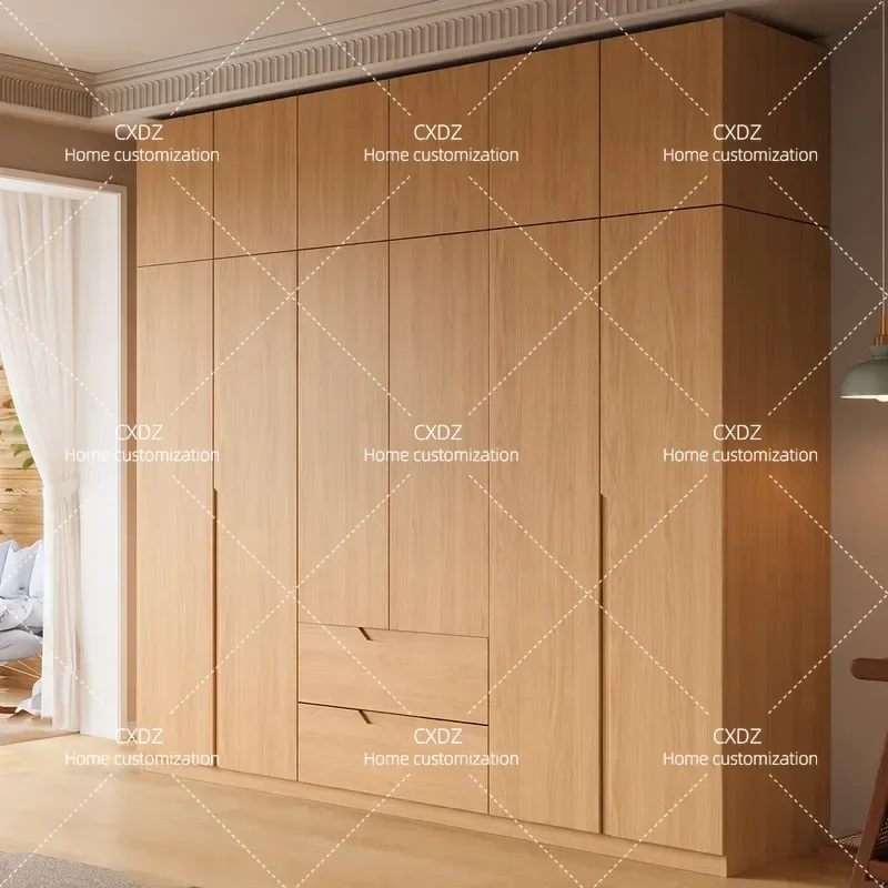 Solid Wood Oak Casement Door Wardrobe Log Color Free Handle Storage Cabinet Household Bedroom Combination Finished Wardrobe