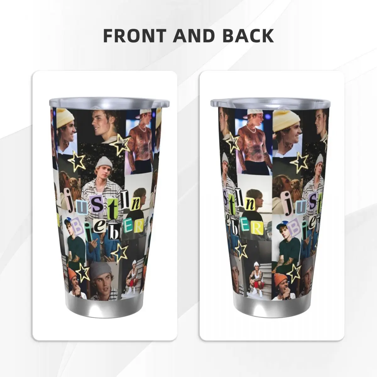 Justin Bieber Collage Insulated Tumbler with Lid Stainless Steel Coffee Mugs Double Wall Car Bottle Cups, 20oz