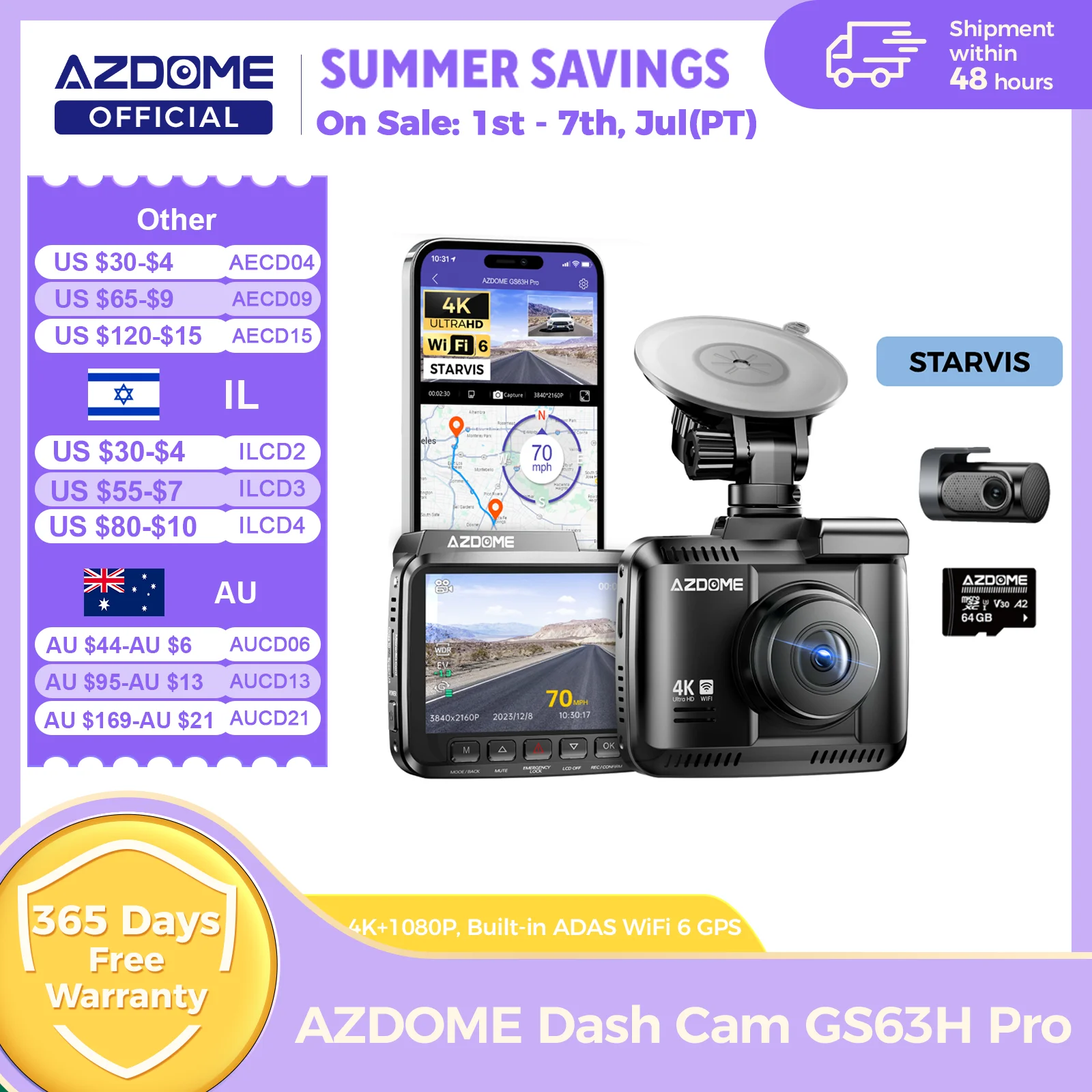 AZDOME Dash Cam GS63H Pro 4K+1080P Pantalla IPS de 2,4" 150 ° FOV incorporado ADAS WiFi 6 GPS coche DVR G-Sensor 24H Monitor de estacionamiento Camare
