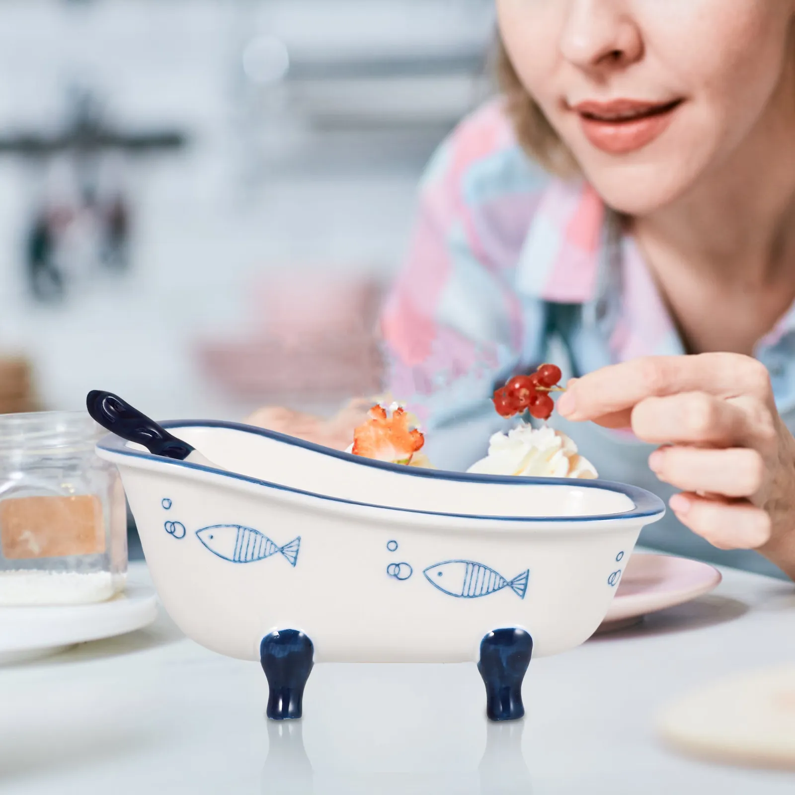 1Set Bathtub Shape Snack Serving Bowl with Spoon Food Storage Tray for Candy Dried Fruit Chocolate Dessert Cookie At Home Office