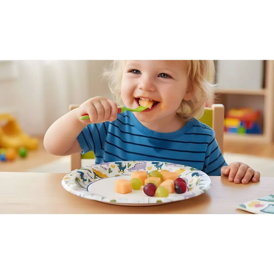 Kids Dino Disposable Paper Plates, 8.5 Inch, 24 Count, Dinosaur Themed Decorative Plates for Birthday Party