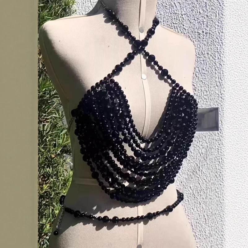 

Bling Black Halter Metal Tops Beading Camis Vest Tank Buster Summer Beach Nightclub Sexy Danec Party Show Beaded Tops Body Chain